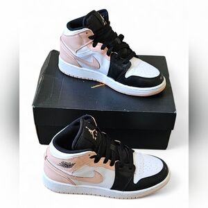 Air Jordan 1 Mid Pink Black White Youth Sneakers Size 3.5Y
